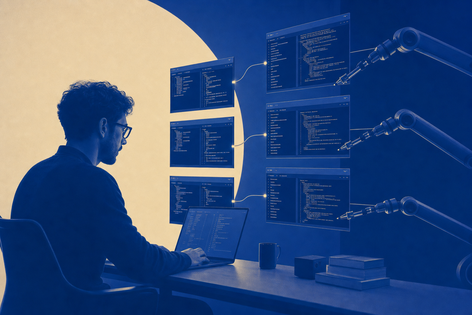 Multiple parallel terminal sessions with git worktrees, a developer orchestrating AI agents