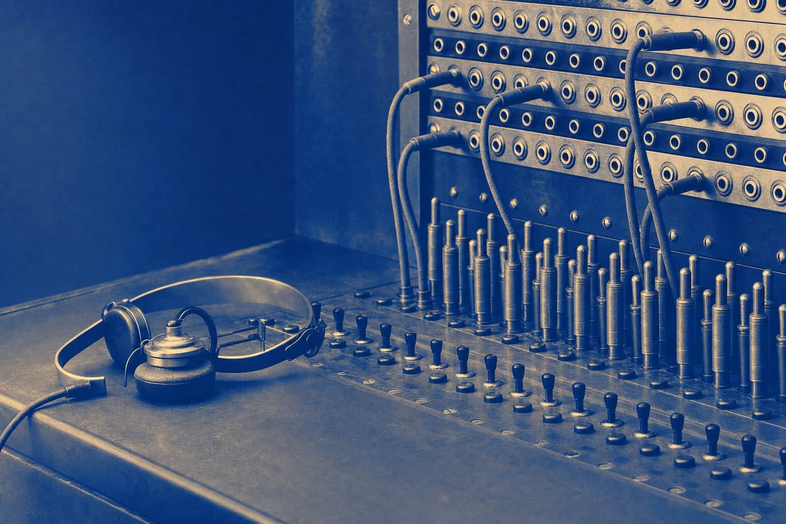 Messing-Klinkenschaltschrank mit Vermittlungs-Headset und Steckverbindern.