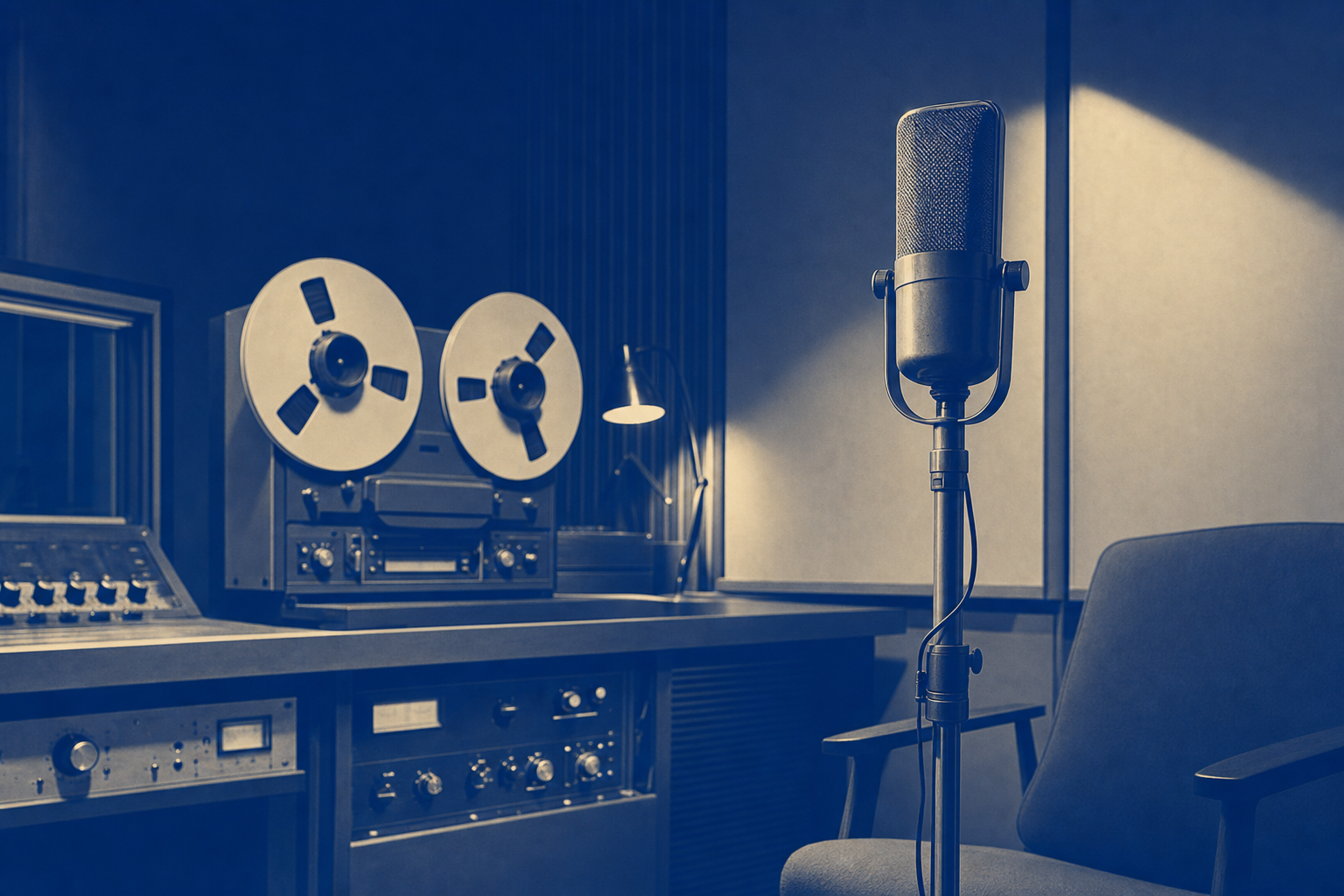 Tonstudio mit Bandmaschine und einem Vintage-Bändchenmikrofon.