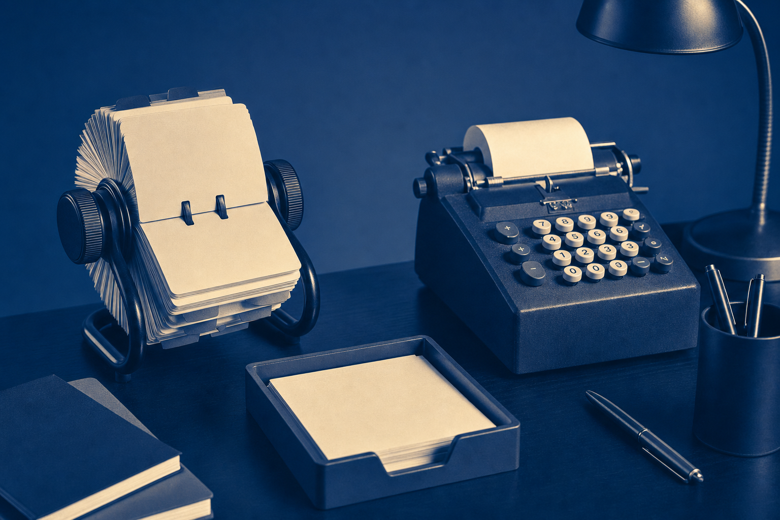 Aufgeräumter Schreibtisch mit Rolodex, Karteikarten und einer Rechenmaschine.
