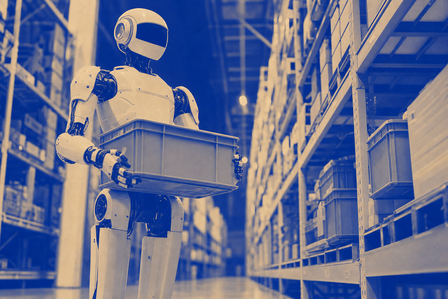 Humanoider Roboter in einer modernen Logistikhalle.