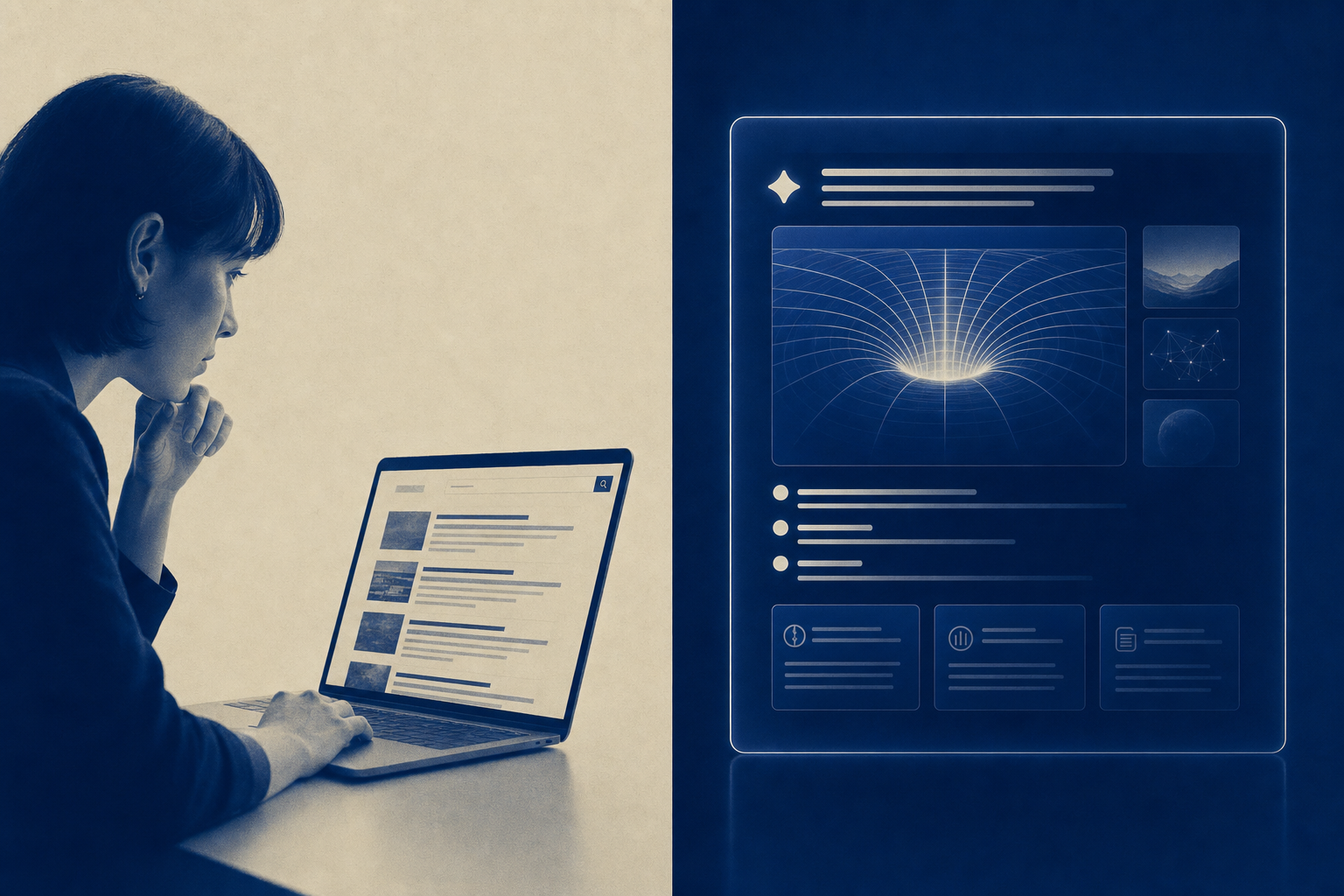 KI-Suche 2026: Split-Screen aus klassischer Trefferliste und KI-Answer-Engine-Antwortkarte