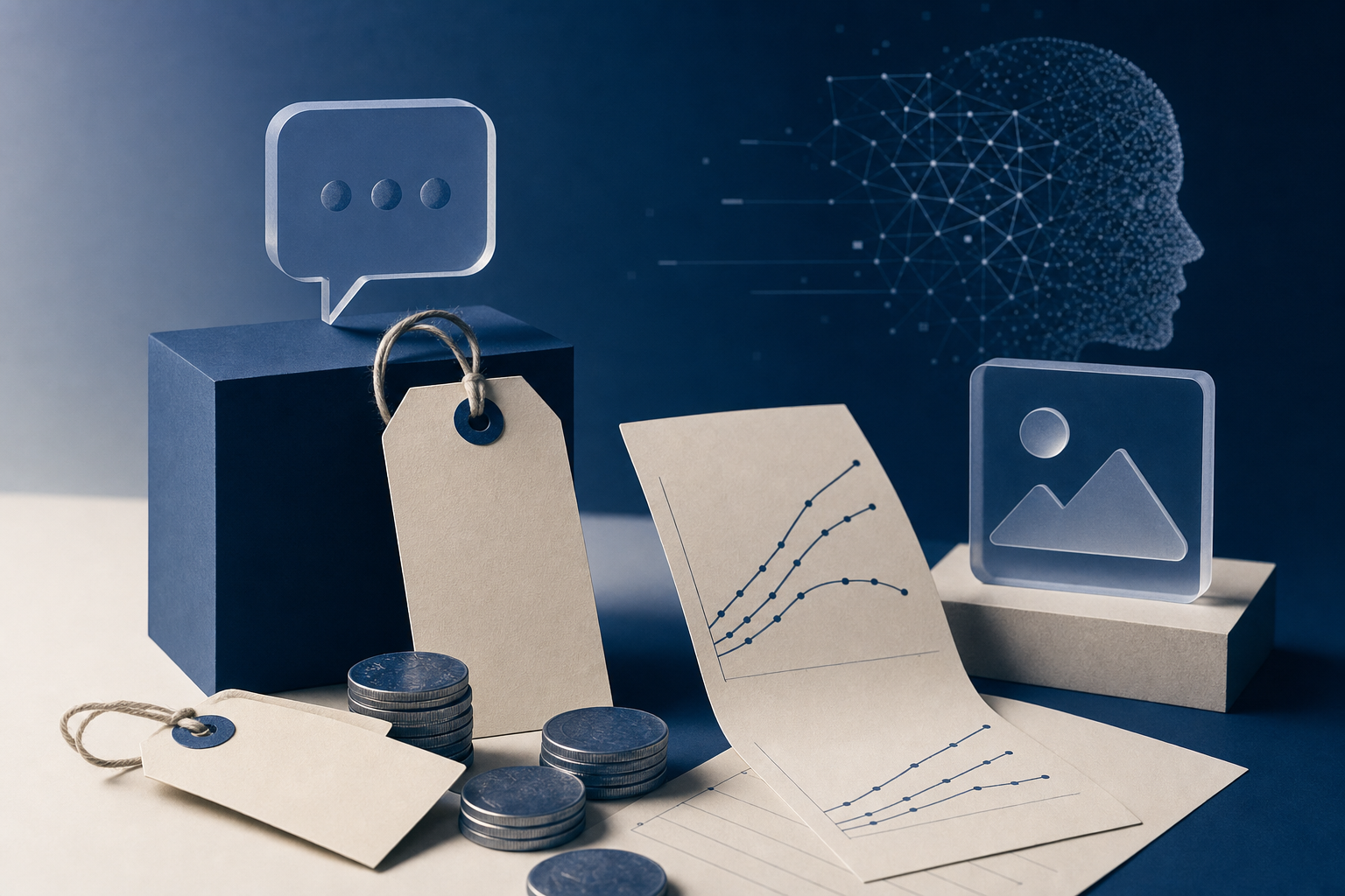 Preisschilder, Münzen und Kostenkurven neben abstrakten KI-Symbolen (Chatbubble, Bild-Icon) auf ruhigem, seriösem Business-Hintergrund